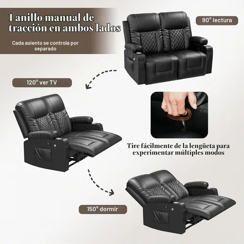 Vista 5 de Furnimat Juego de sofá reclinable con 2+1 piezas para sala de estar, sofá reclinable de 2 plazas en cuero, 1 silla reclinable con asiento de sofá