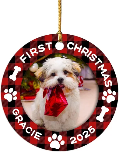 Vista 9 de Impreso en EE. UU. Adornos de Navidad personalizados con foto de perro, adorno de árbol de Navidad con nombre y foto de cachorro personalizados