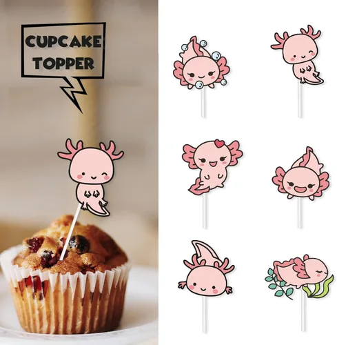 Vista 3 de 18 piezas de decoración de postre de ajolote rosa con purpurina, diseño de animales de dibujos animados, baby shower, niñas y niños, decoración