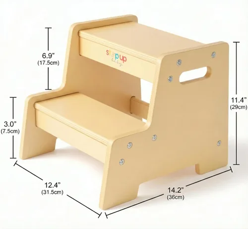 Vista 2 de Taburete de madera barnizado para niños – Taburete infantil de 2 pasos con asas, madera contrachapada de abedul, base antipunta y esquinas