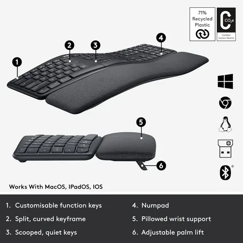 Vista 6 de Logitech Ergo K860 - Teclado ergonómico inalámbrico con reposamuñecas, diseño de teclado dividido para Windows/Mac, Bluetooth o conectividad USB