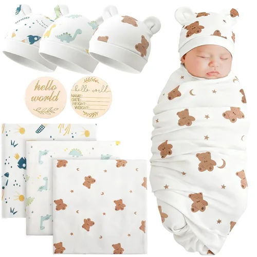 Vista 23 de DRESHOW BQUBO - Conjunto de gorro de algodón para bebé, manta para recién nacido, con orejas de oso, tarjeta de anuncio de nacimiento de madera