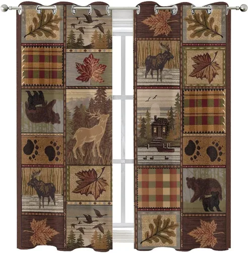 Vista 8 de Cortinas de oscurecimiento estilo campestre con osos, alces y ciervos, cortinas opacas para ventanas con ojales, tratamiento de ventanas eficiente