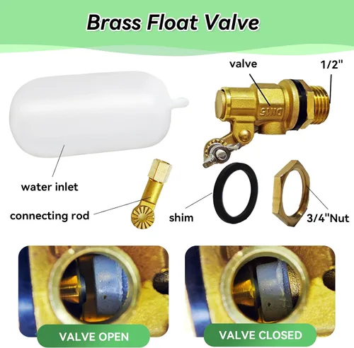 Vista 5 de Válvula de flotador de 1/2 pulgada, 2 válvulas de flotador de latón con brazo ajustable, tanque de agua, interruptor de válvula de flotador