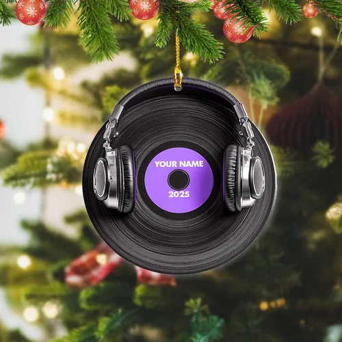 Vista 2 de Adorno de Navidad personalizado, máquina de discos de vinilo, adorno plano 2D, adorno para tocadiscos, instrumento musical, decoración de árbol