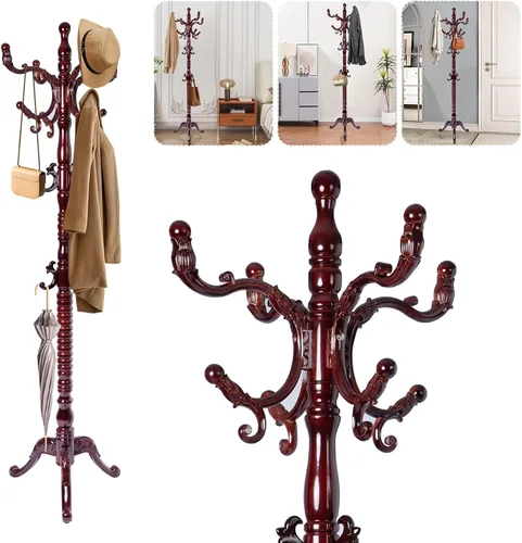 Vista 10 de Perchero de madera maciza – Perchero independiente de 73 pulgadas con 14 ganchos y base estable, altura ajustable, moderno árbol de madera