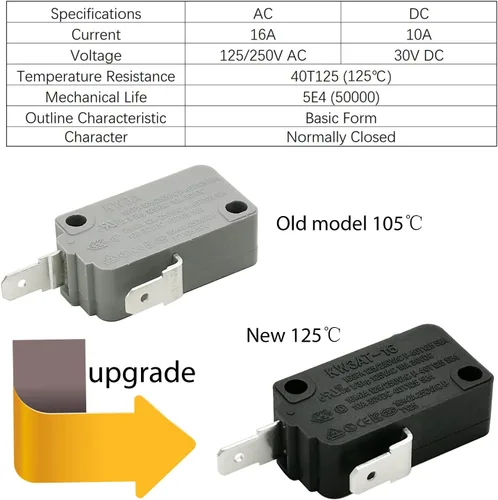 Vista 3 de Pieza de repuesto para interruptor de puerta de horno de microondas, 16A 125VAC, KW3AT-16 (compatible con KW3A-16), normalmente cerrado, 1 unidad