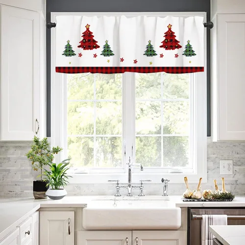 Vista 6 de Cortinas de cenefa de Navidad para ventanas, diseño de árbol de Navidad, color blanco y rojo, elegantes cenefas de cocina para ventanas con 11