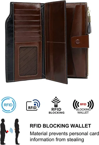 Vista 5 de Cartera plegable de cuero de gran capacidad con bloqueo RFID para mujer