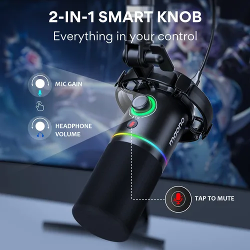 Vista 4 de MAONO Micrófono condensador profesional USB PM421 con silencio de un toque, control de ganancia, con micrófono dinámico XLR/USB PD200X para podcast