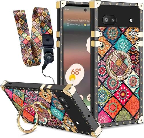 Vista 43 de nancheng Funda para Google Pixel 6 de lujo, diseño de abeja, corazón y abeja, chapado en oro, con anillo de diamante de 360°, correa de cordón