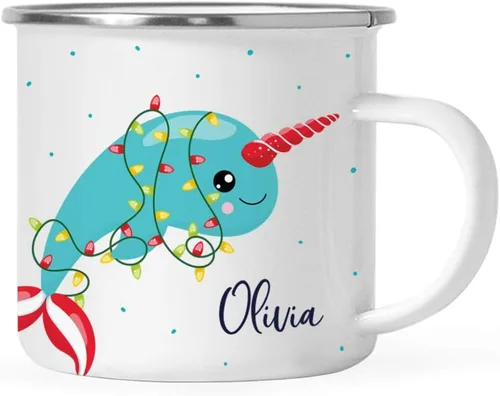 Vista 10 de Andaz Press Taza de café de acero inoxidable con nombre personalizado de 11 onzas para niños, diseño de sirena festiva, 1 paquete, taza de Navidad