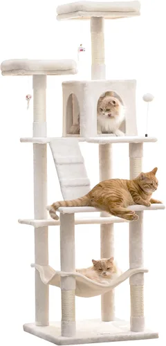 Vista 22 de MWPO - Árbol para gatos, multiestructura para gatos grandes con postes rascadores de sisal, plataforma acolchada, hamaca y condominio, torre Beige