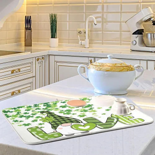 Vista 6 de Tapete de secado de platos de gnomos del día de San Patricio para encimera de cocina, tréboles, tapete de secado de microfibra, absorbente