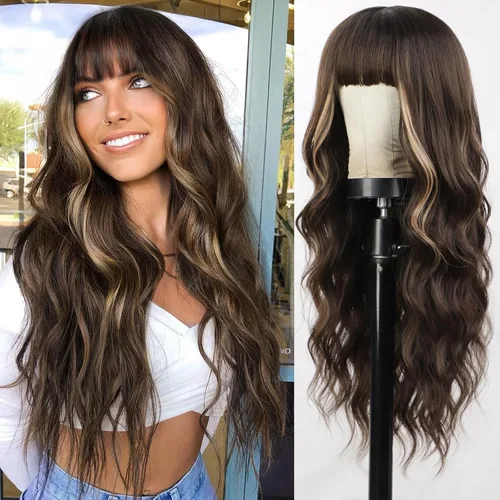 Vista 19 de Lativ Peluca castaña con flequillo para mujer, larga, ondulada, sintética Beginner Friendly,Natural Looking,Silky Smooth Texture,Heat Resistant