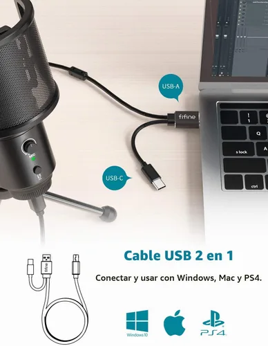 Vista 4 de FIFINE Micrófono USB de computadora de escritorio con filtro pop para computadora y Mac, micrófono de condensador de estudio con perilla