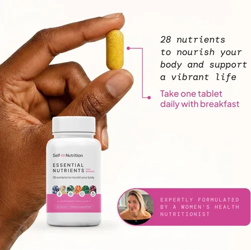 Vista 4 de SELF NUTRITION Multivitamínicos veganos para mujer, una vez al día, 28 nutrientes, aumenta la energía, el sueño, el cabello, la piel, las uñas