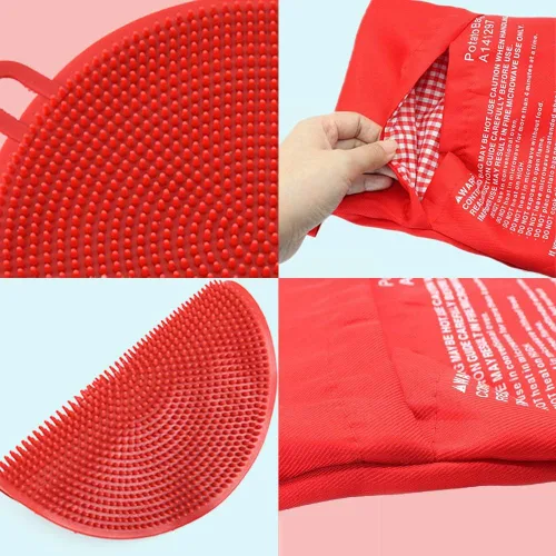 Vista 6 de Paquete de 3 bolsas de papas para microondas, con 3 cepillos de silicona para limpiadores de verduras, bolsa de papas horneadas reutilizable y Azul