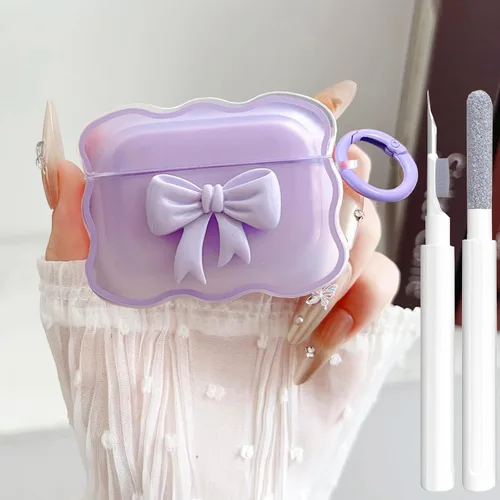 Vista 16 de Bonita funda transparente para AirPods Pro 2/1 Gen, diseño de lazo 3D femenino, funda protectora y a prueba de golpes de TPU suave Kawaii para Apple