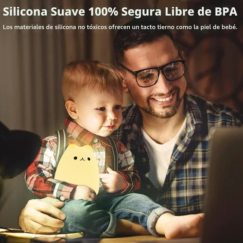 Vista 6 de Lámpara LED de mesilla de noche con forma de gato, multicolor silicona suave para habitación del bebé, control, blanco cálido y 7 modos de luz