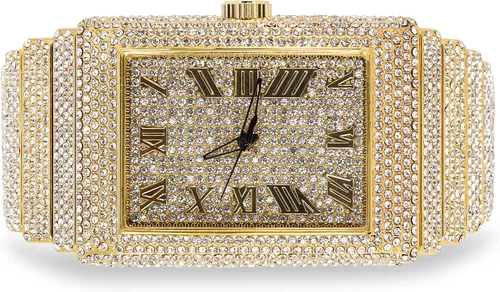 Vista 5 de Reloj rectangular con diamantes para hombre, cristales brillantes, esfera romana brillante, bisel helado, correa totalmente helada