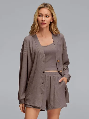 Vista 2 de AUTOMET Conjuntos de 3 piezas para mujer con tops cortos y cárdigan