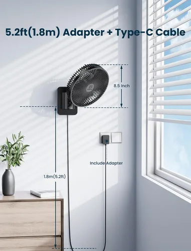 Vista 6 de Ventilador oscilante silencioso de pared de 8.5 pulgadas con control remoto y temporizador, 4 velocidades ajustables para baños pequeños