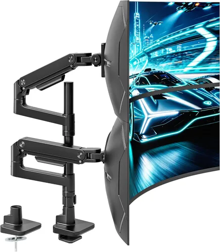 Vista 11 de ARES WING Soporte de escritorio con brazo de doble monitor para monitores ultraanchos de 17 a 49 pulgadas, soporte de monitor doble resistente