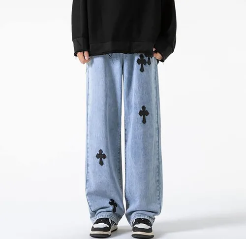 Vista 3 de Pantalones de mezclilla holgados para hombre, estilo hip-hop, cruzados, holgados, pierna ancha, rectos, ropa de calle