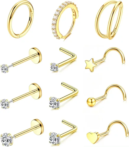 Vista 22 de Nose Rings Hoop and Nose Studs Sets for Women Men,Hypoallergenic 316L Surgical Stainless Steel Hinged Clicker Segment Nose Rings Hoop Helix