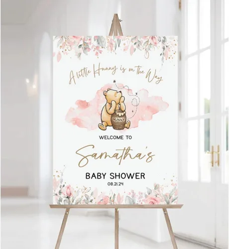 Vista 5 de Letrero de bienvenida personalizado de Bear Pooh para baby shower, regalos clásicos personalizados para bebés, niños y niñas, decoraciones de oso #12