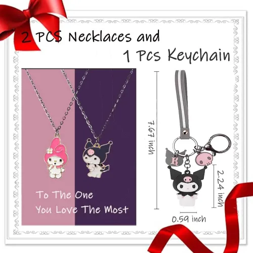 Vista 3 de Herstar Kuromi and My Melody - Juego de regalo de dibujos animados, incluye 1 bolsa con cordón, 1 llavero, 2 collares, 1 bolsa de bolso, 50