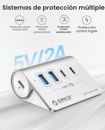 Vista 3 de ORICO Concentrador USB 3.2 Gen2 de 4 puertos, concentrador USB 3.2 de escritorio con 2 USB-A, 2 USB-C, puerto de fuente de alimentación de 5 V 3 A
