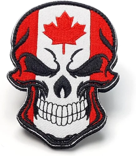 Vista 3 de Parche de calavera - Parche de calavera con bandera de Canadá - Parche de velcro - Parche bordado - Parche para mochilas, gorras, chaquetas, ropa