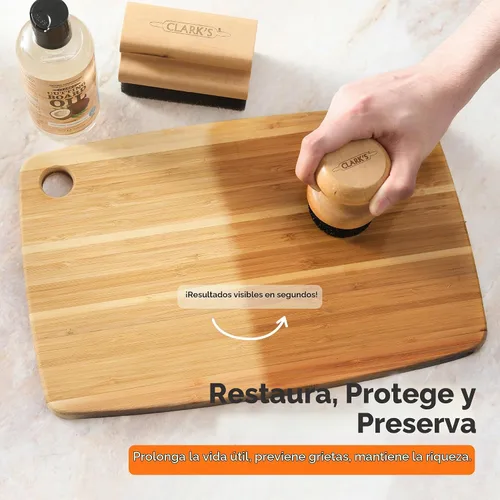 Vista 4 de CLARK'S Kit de cuidado de tabla de cortar con aceite de coco, incluye aceite de bloque de carnicero y cera, fabricado con aceite de coco refinado