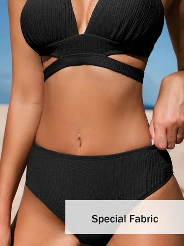 Vista 3 de CUPSHE Conjunto de bikini para mujer, traje de baño de dos piezas, parte superior triangular, tiro medio, entrecruzado en la espalda, tirantes