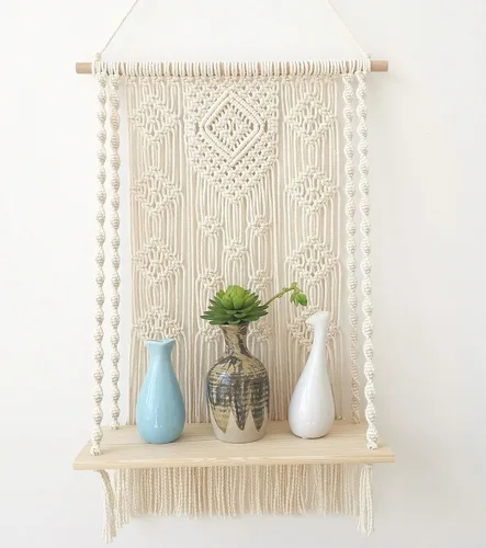Vista 7 de Estante colgante de pared de macramé, bohemio decorativo para plantas flotantes, estante colgante de madera, colgador de almacenamiento de madera
