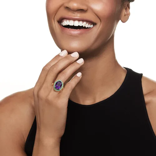 Vista 2 de Ross-Simons Anillo de oro de 18 quilates con halo de amatista de 4,80 quilates sobre plata de ley