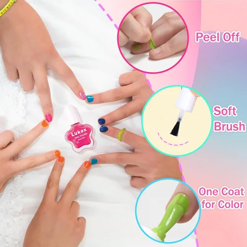 Vista 2 de Lukax Juego de esmaltes de uñas para niñas – 6 colores no tóxicos seguros para niños pequeños, a base de agua, despegar y quitar poco olor, kit