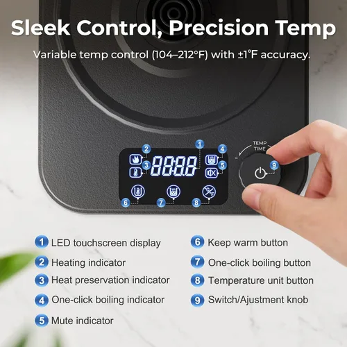 Vista 2 de Hervidor eléctrico de cuello de cisne, control de precisión de ±1 °F, ajuste de altitud inteligente, mantiene el calor 24 horas, memoria automática