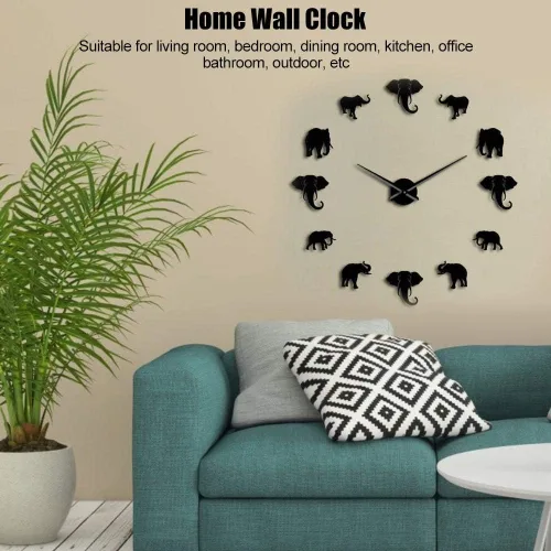Vista 7 de Reloj de pared, diseño único de elefante con forma de animal, reloj de pared para bricolaje, espejo acrílico, decoración para el hogar