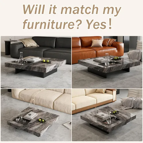 Vista 5 de Mesa de centro cuadrada de 43.3 pulgadas para sala de estar, moderna mesa de centro de piedra sinterizada gris con base de acero al carbono negro