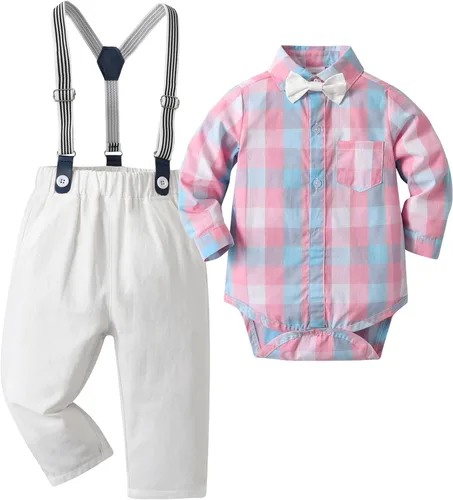 Vista 8 de Conjunto de pantalones para bebé, camisa de manga larga + pantalones + corbatín + tirantes, trajes de caballero para niños pequeños
