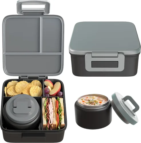 Vista 7 de MAISON HUIS Lonchera Bento con termo de sopa de 8 onzas y bolsa de almuerzo aislada, recipientes de comida a prueba de fugas para niños con 5