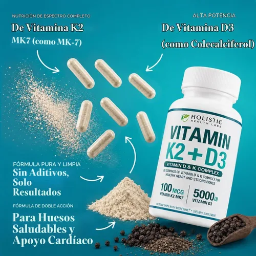 Vista 5 de Vitamina K2 + D3 de absorción máxima (5000UI), 90 cápsulas vegetales de MK-7 (Menaquinona-7) y colecalciferol (con BioPerina) Suministro de 3 meses
