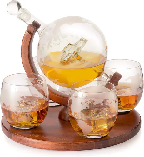 Vista 10 de Decantador del mundo grabado con globo de whisky, juego de regalo de whisky The Wine Savant con avión antiguo, piedras de whisky y 4 vasos de mapa