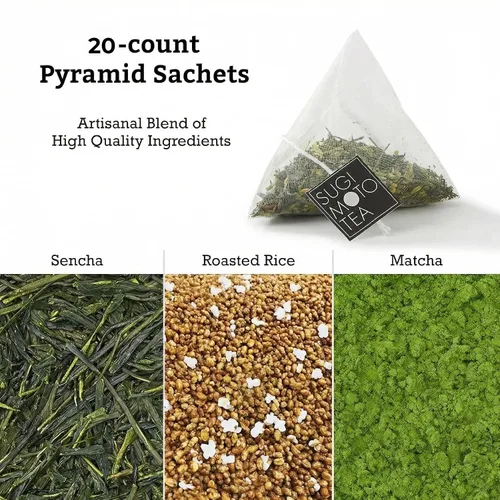 Vista 4 de SUGIMOTO TEA Genmaicha japonesa con verde matcha 20 bolsitas de té 100% fabricado en Japón, Shizuoka, Sencha con arroz tostado y matcha, 20 bolsas