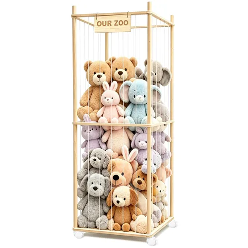 Vista 8 de Almacenamiento de animales de peluche, bonito soporte de madera para juguetes de zoológico con ruedas de freno, organizador de juguetes de ahorro