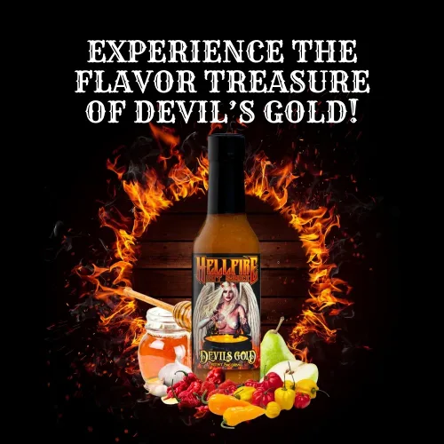 Vista 5 de Salsa picante Hellfire Devil's Gold, galardonada con múltiples premios, salsa picante gourmet a base de frutas, cuenta con pimientos amarillos súper