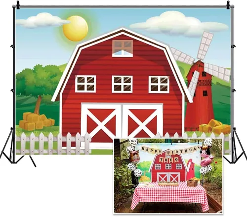 Vista 3 de Haoyiyi Fondo de feliz cumpleaños de 10 x 8 pies, diseño de dibujos animados, granero rojo, césped, árboles, cerca, casa, molino salvaje